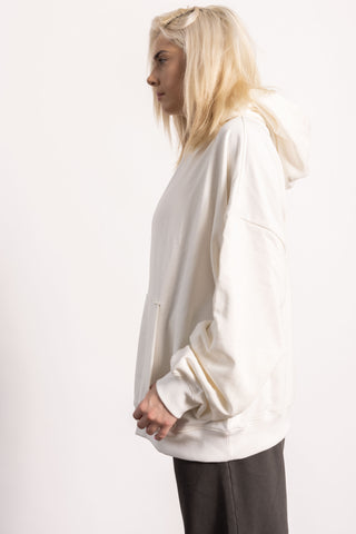 blonde model wearing drop shoulder hoodie