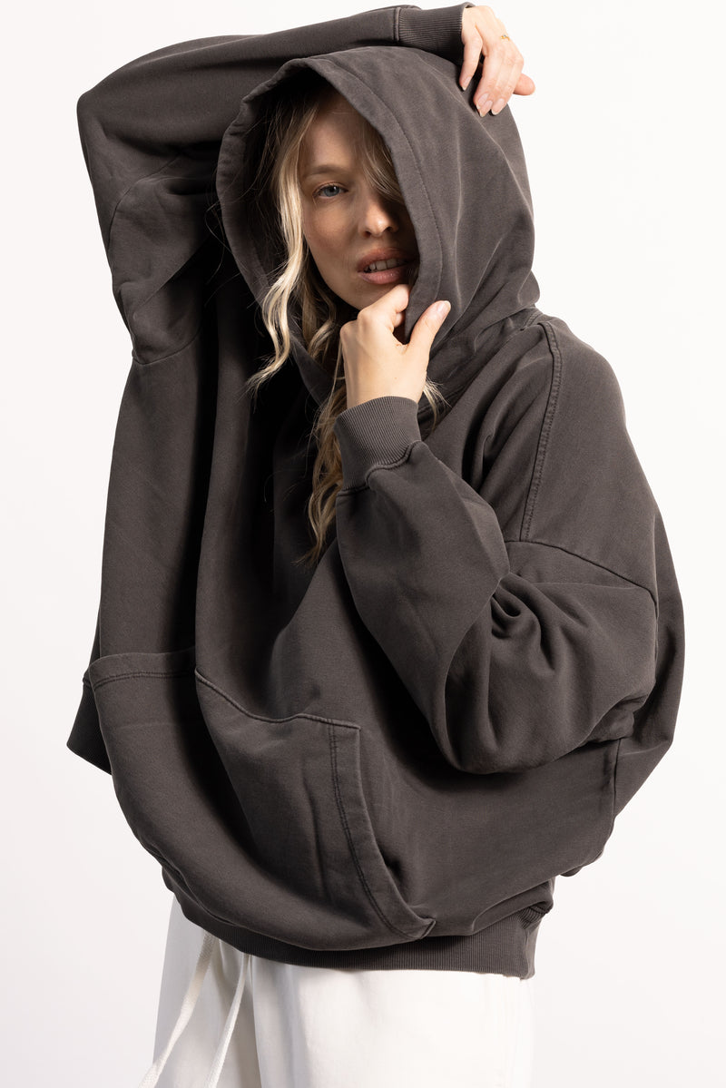 Drop shoulder hoodie — female — 100% cotton garment-dyed — private label manufactured in Los Angeles by Essentials Made