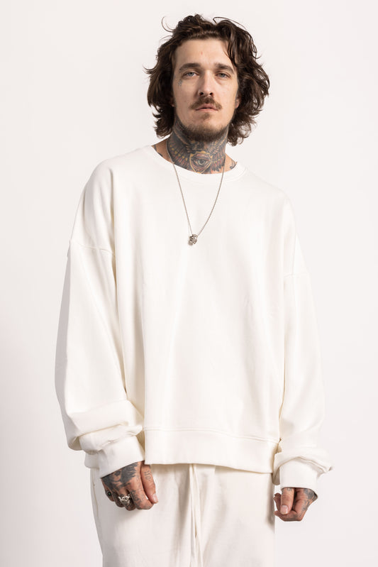 White male model with edgy style wearing a heavyweight cotton crewneck sweatshirt.