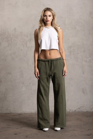 PIMA COTTON WIDE LEG SWEATPANTS - MOSS