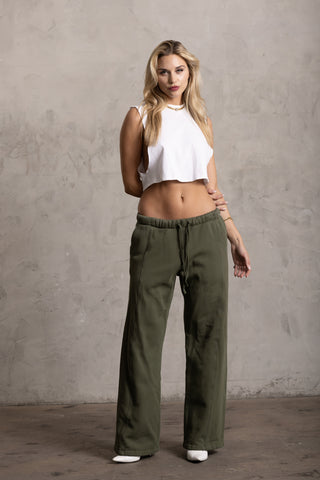 PIMA COTTON WIDE LEG SWEATPANTS - MOSS