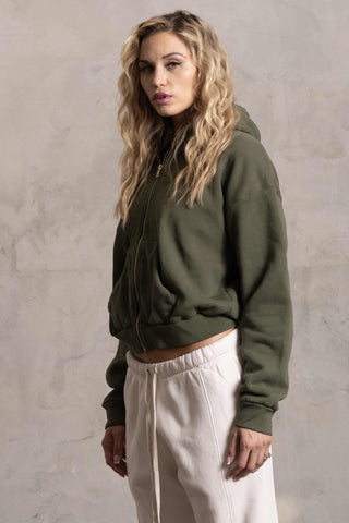 PIMA COTTON CROPPED HOODIE - MOSS